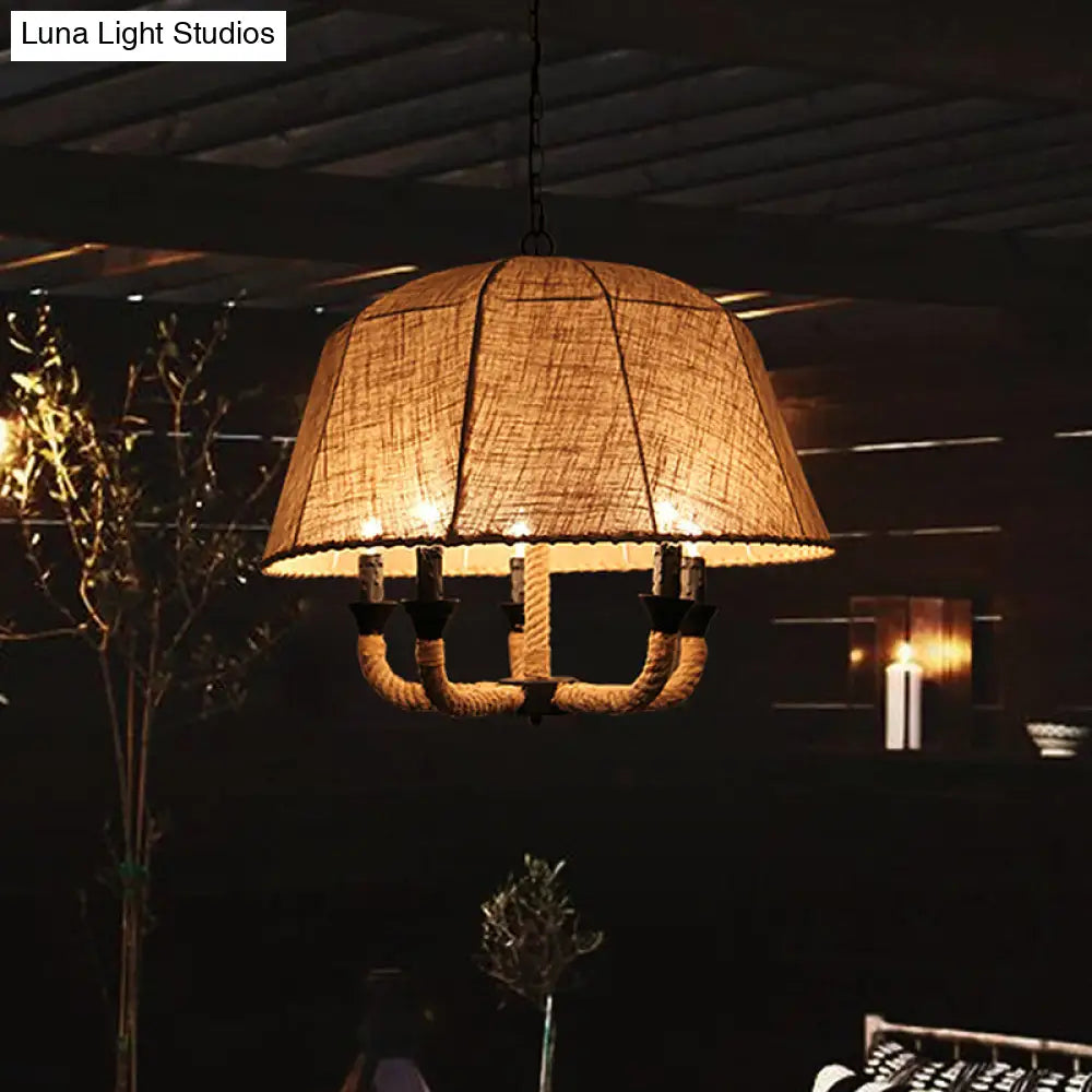 Vintage 5-Light Chandelier With Fabric Shade And Hemp Rope Suspension In Brown