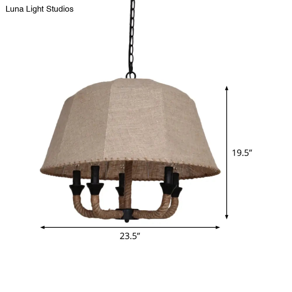 Vintage Domed Chandelier Light With 5 Fabric Suspension Lamps - Brown & Hemp Rope