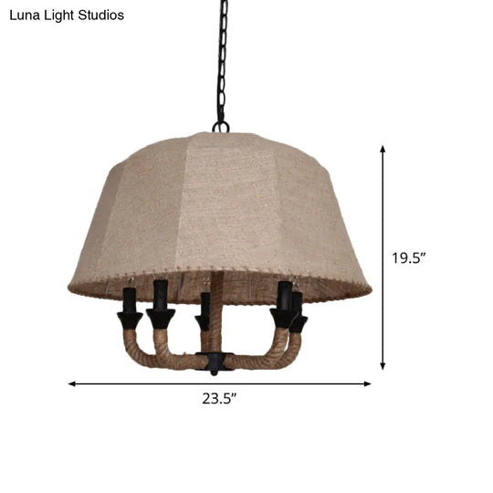 Vintage 5-Light Chandelier With Fabric Shade And Hemp Rope Suspension In Brown