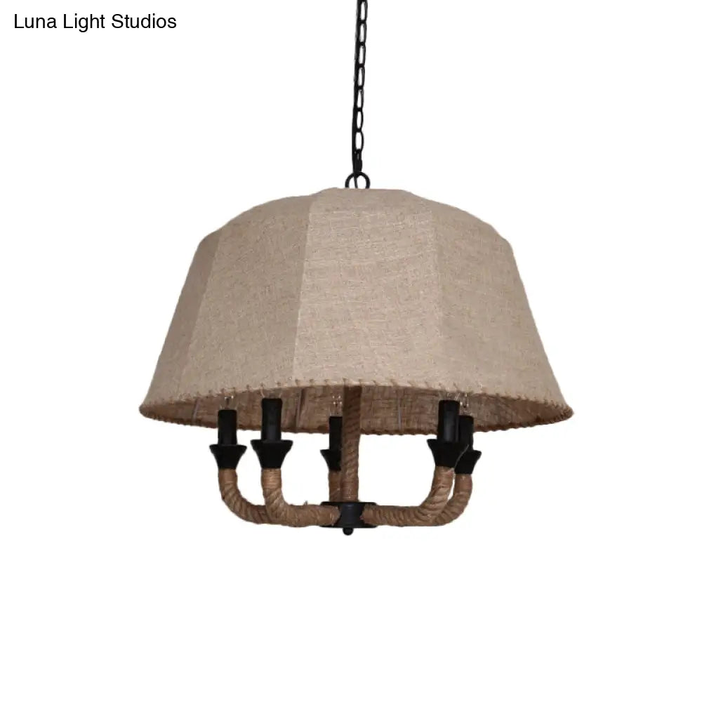 Vintage Domed Chandelier Light With 5 Fabric Suspension Lamps - Brown & Hemp Rope