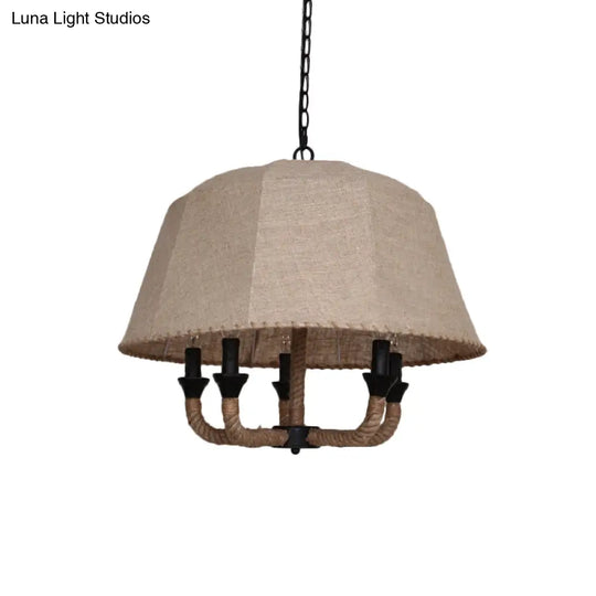 Vintage Domed Chandelier Light With 5 Fabric Suspension Lamps - Brown & Hemp Rope