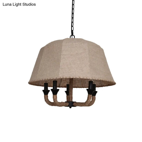 Vintage 5-Light Chandelier With Fabric Shade And Hemp Rope Suspension In Brown