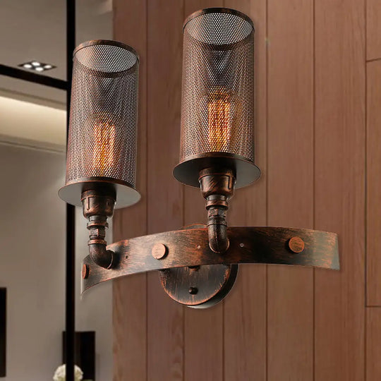 Vintage Double Cylinder Wall Light With Mesh Shade In Weathered Copper - Wrought Iron Mount Lamp 2