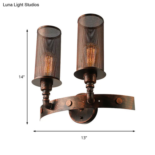 Vintage Double Cylinder Wall Light With Mesh Shade In Weathered Copper - Wrought Iron Mount Lamp 2