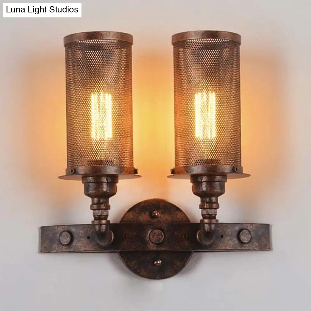 Vintage Double Cylinder Wall Light With Mesh Shade In Weathered Copper - Wrought Iron Mount Lamp 2