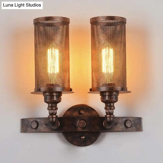 Vintage Double Cylinder Wall Light With Mesh Shade In Weathered Copper - Wrought Iron Mount Lamp 2