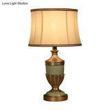 Vintage Drum Desk Lamp With Fabric Night Table Lighting - 1 Head Black/Brown/Green Pot Base