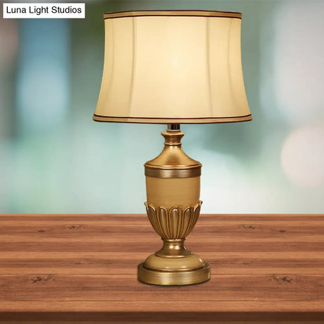 Vintage Drum Desk Lamp With Fabric Night Table Lighting - 1 Head Black/Brown/Green Pot Base