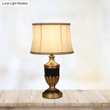 Vintage Drum Desk Lamp With Fabric Night Table Lighting - 1 Head Black/Brown/Green Pot Base