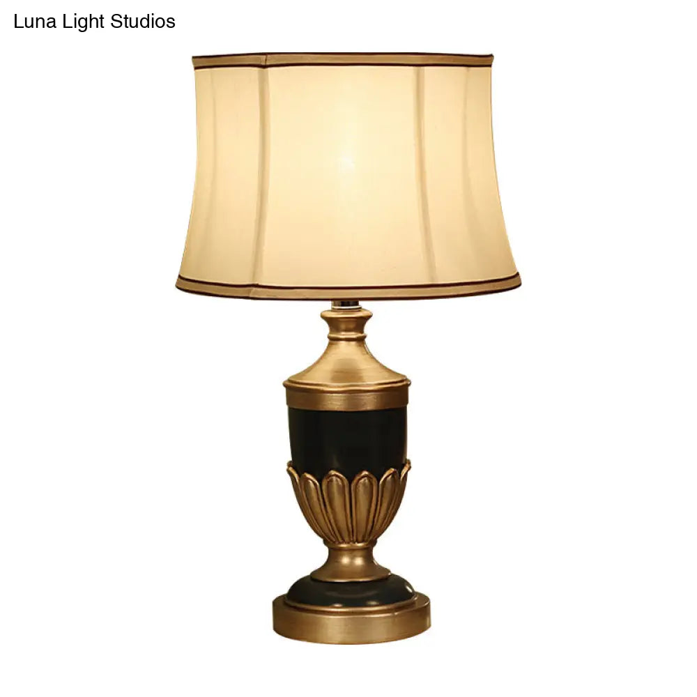 Vintage Drum Desk Lamp With Fabric Night Table Lighting - 1 Head Black/Brown/Green Pot Base
