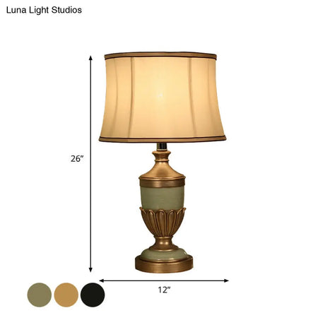 Vintage Drum Desk Lamp With Fabric Night Table Lighting - 1 Head Black/Brown/Green Pot Base