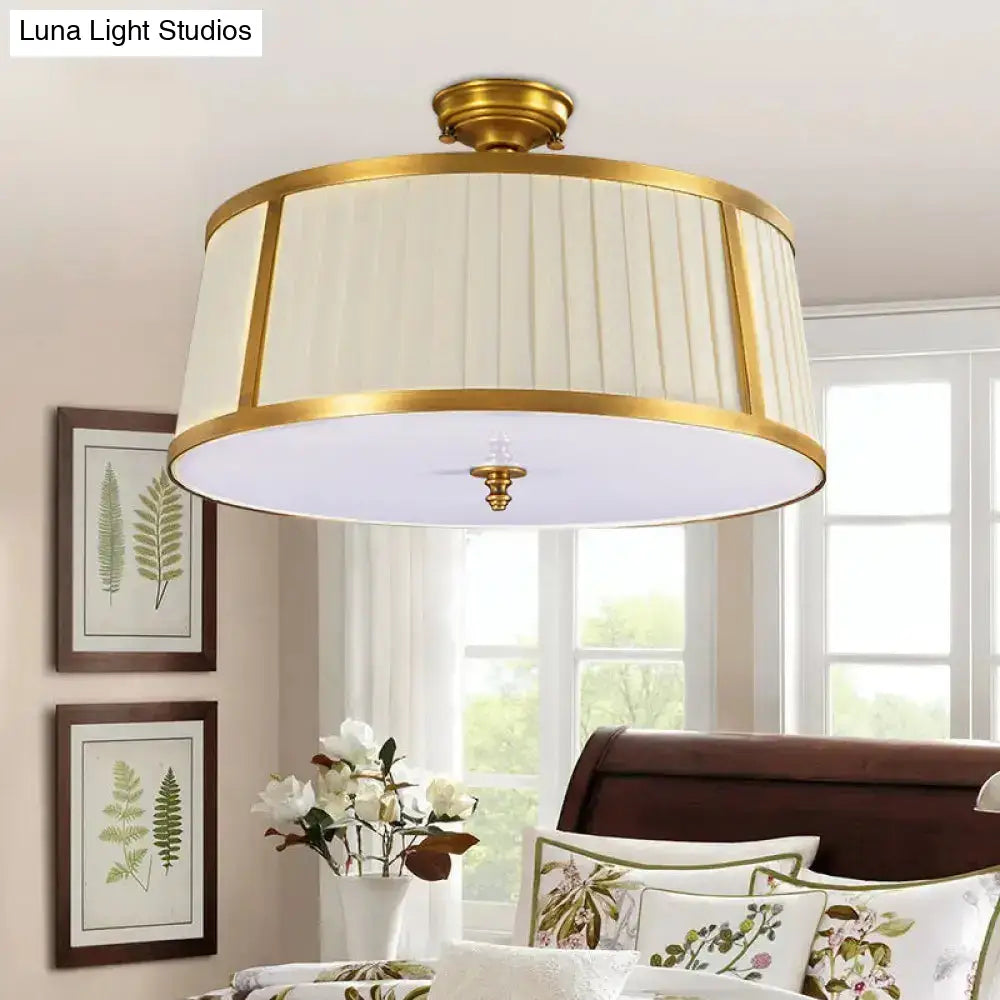 Vintage Drum Fabric Flush Mount Ceiling Light - 4-Light In Polished Brass