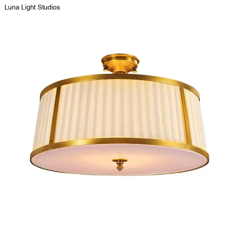 Vintage Drum Fabric Flush Mount Ceiling Light - 4-Light In Polished Brass