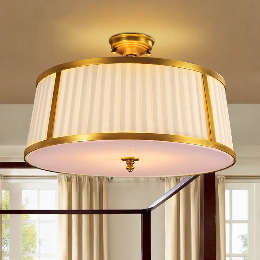 Vintage Drum Fabric Flush Mount Ceiling Light - 4 - Light In Polished Brass