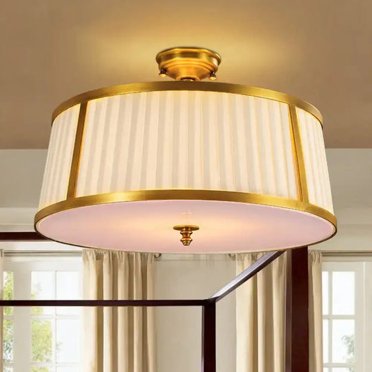 Vintage Drum Fabric Flush Mount Ceiling Light - 4-Light In Polished Brass