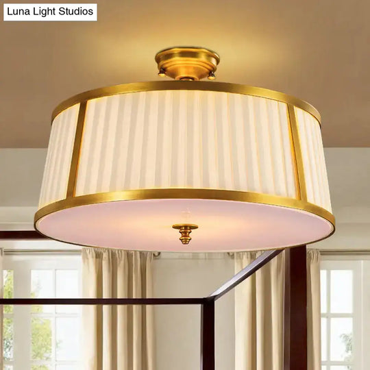 Vintage Drum Fabric Flush Mount Ceiling Light - 4-Light In Polished Brass