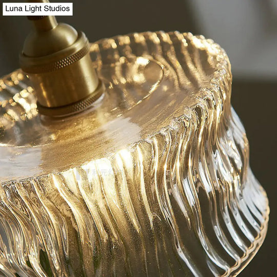 Vintage Drum Pendant Light With Clear Ribbed Glass Shade