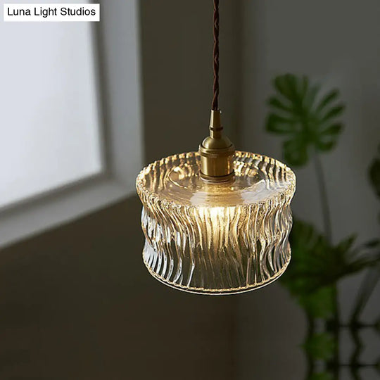 Vintage Drum Pendant Light With Clear Ribbed Glass Shade