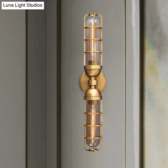 Vintage Dual Cylinder Wall Sconce With Clear Glass And Gold Metal Frame - 2 Bulbs Lighting