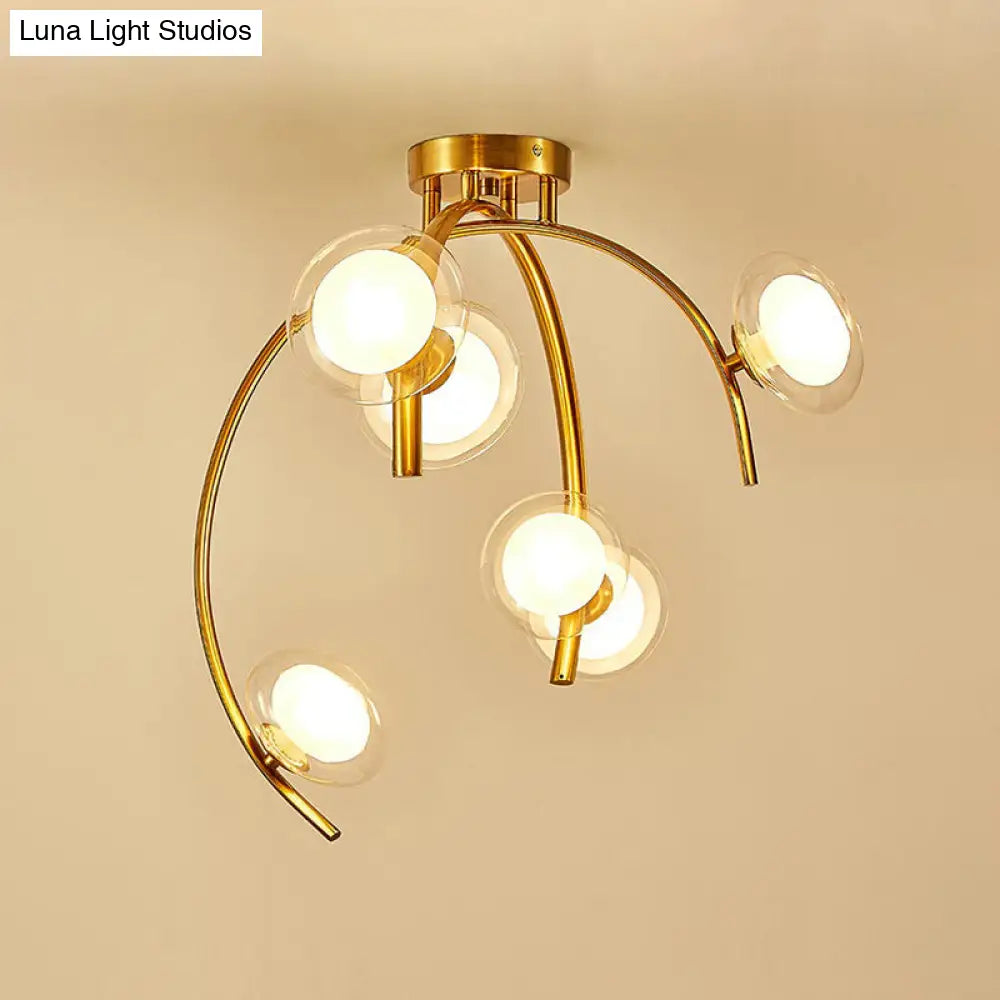 Vintage Dual Orb Shade Semi Flush Glass Chandelier - 6 Bulb Dining Table Mount With Gold Sprig