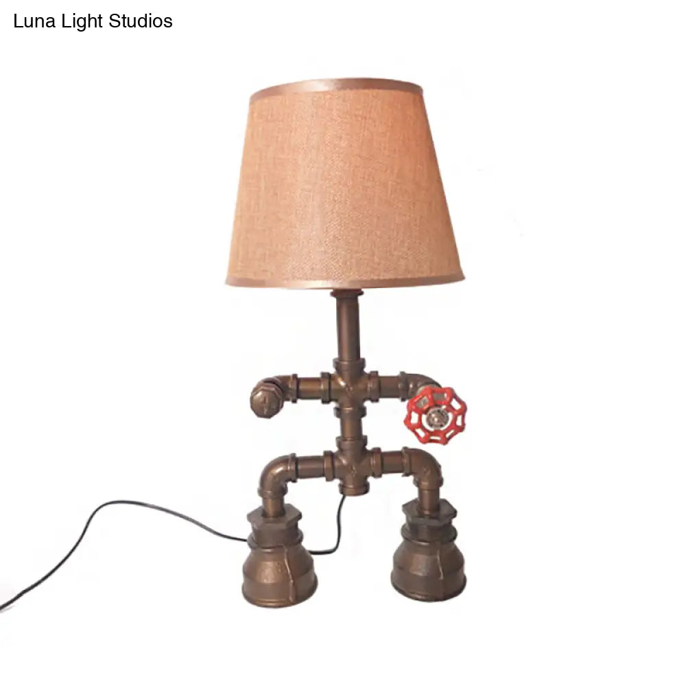 Vintage Fabric Conical Table Lamp With Water Pipe - Stylish 1-Light Restaurant Lighting In Bronze