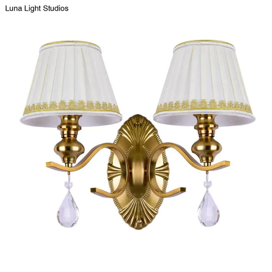 Vintage Fabric Gold Wall Sconce With Crystal Drop - Empire Shade 1/2-Light Mount Fixture