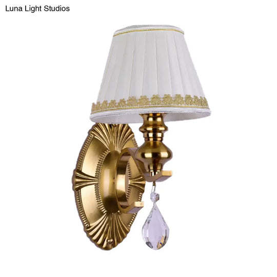 Vintage Fabric Gold Wall Sconce With Crystal Drop - Empire Shade 1/2-Light Mount Fixture