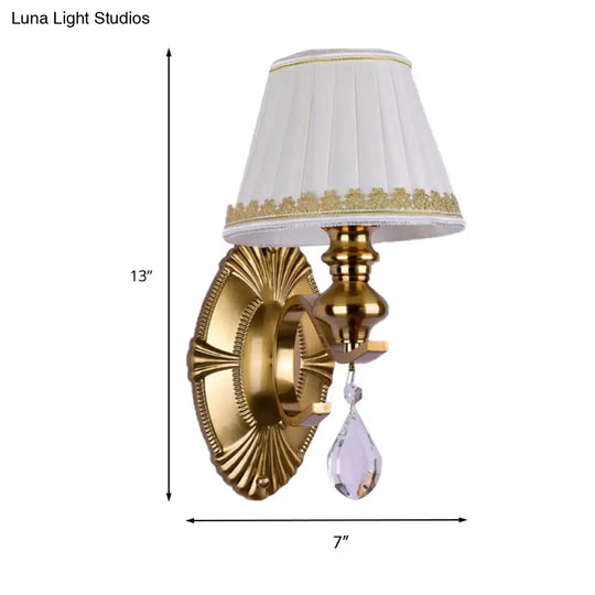 Vintage Fabric Gold Wall Sconce With Crystal Drop - Empire Shade 1/2-Light Mount Fixture