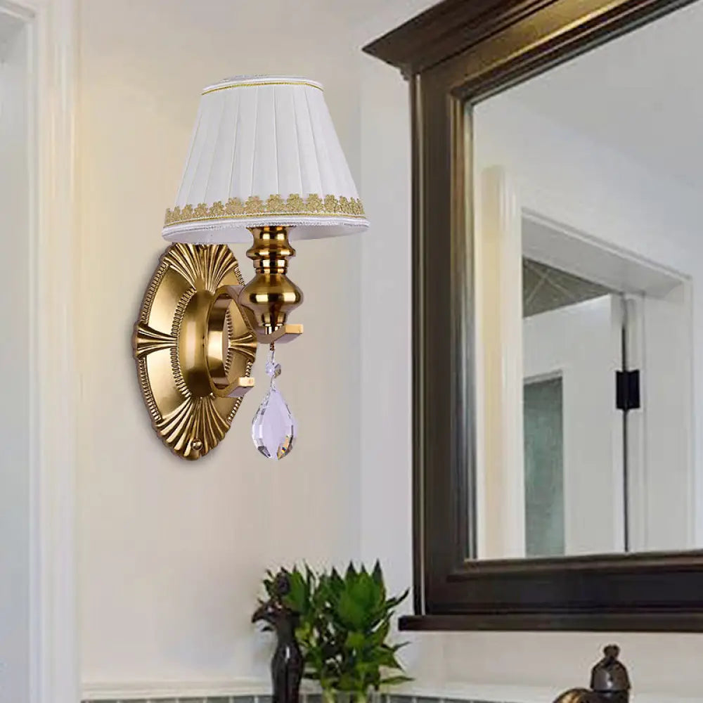 Vintage Fabric Gold Wall Sconce With Crystal Drop - Empire Shade 1/2-Light Mount Fixture 1 /