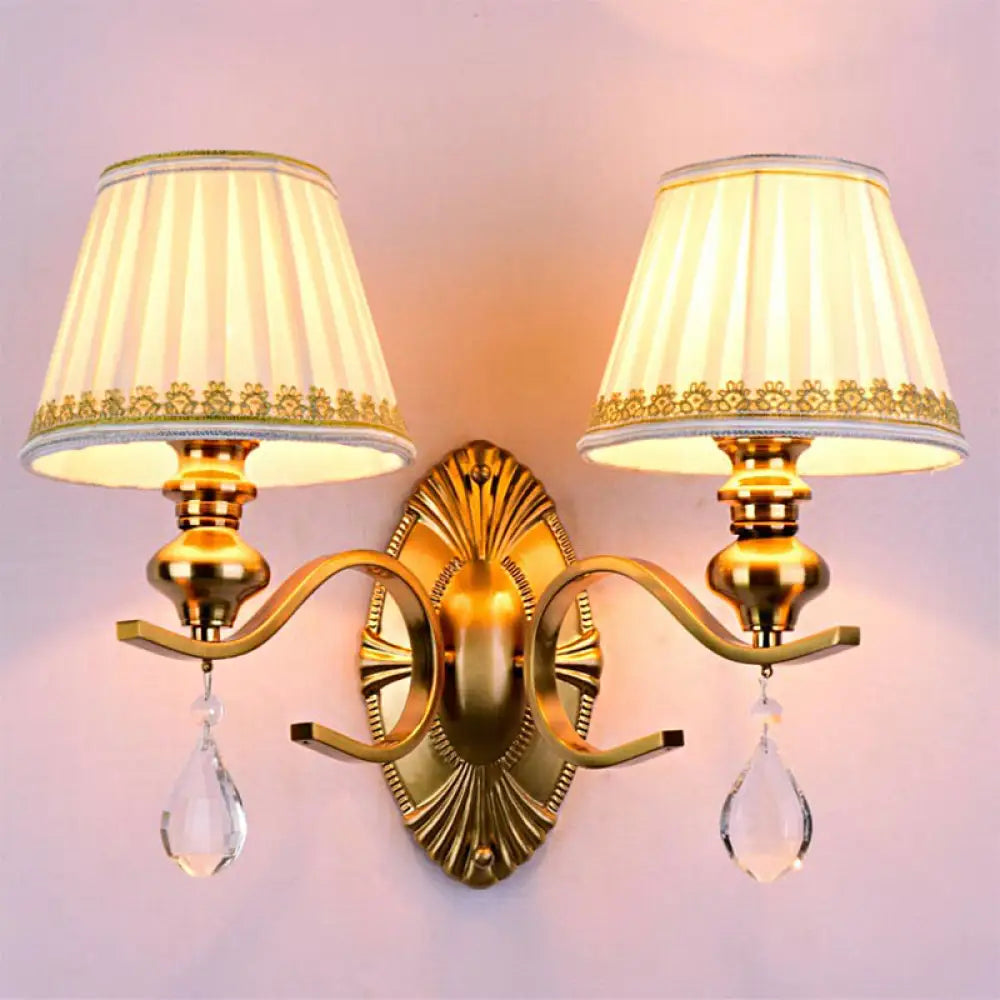 Vintage Fabric Gold Wall Sconce With Crystal Drop - Empire Shade 1/2-Light Mount Fixture 2 /