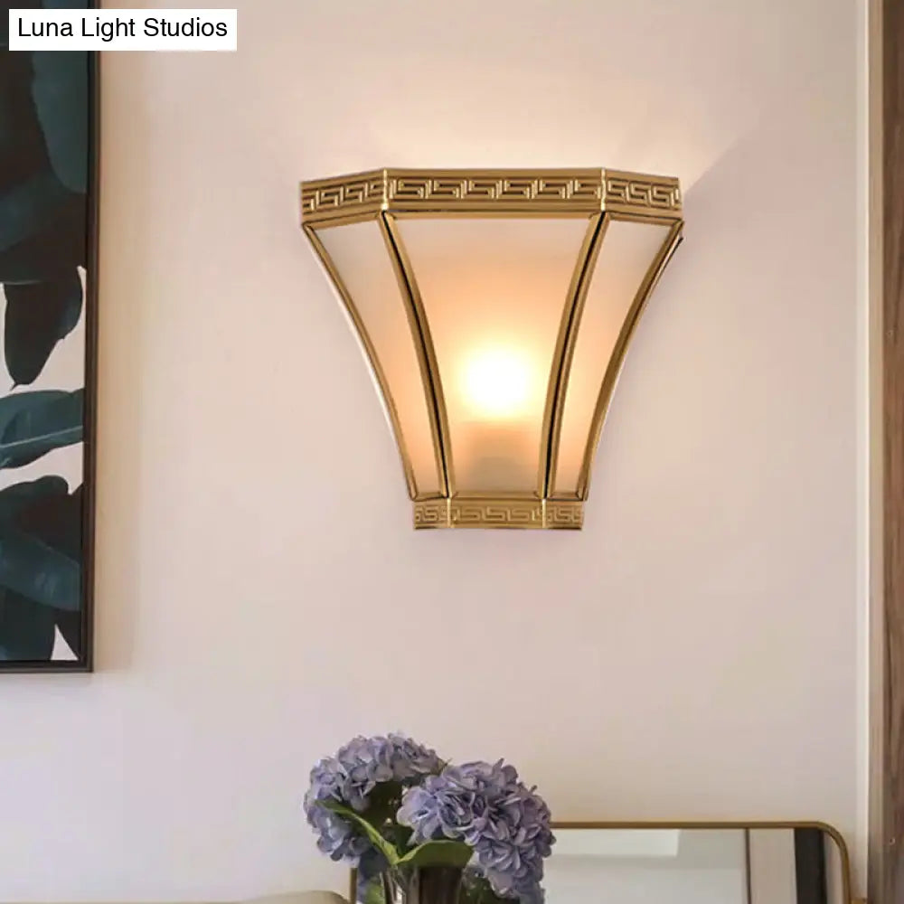 Vintage Flared Brass Sconce Light With Frosted Glass Shade - Gold Finish Wall Mounted Lamp