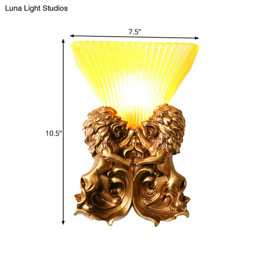 Vintage Flared Sconce Light With Yellow Ribbed Glass & Brass Finish Lion Detailing