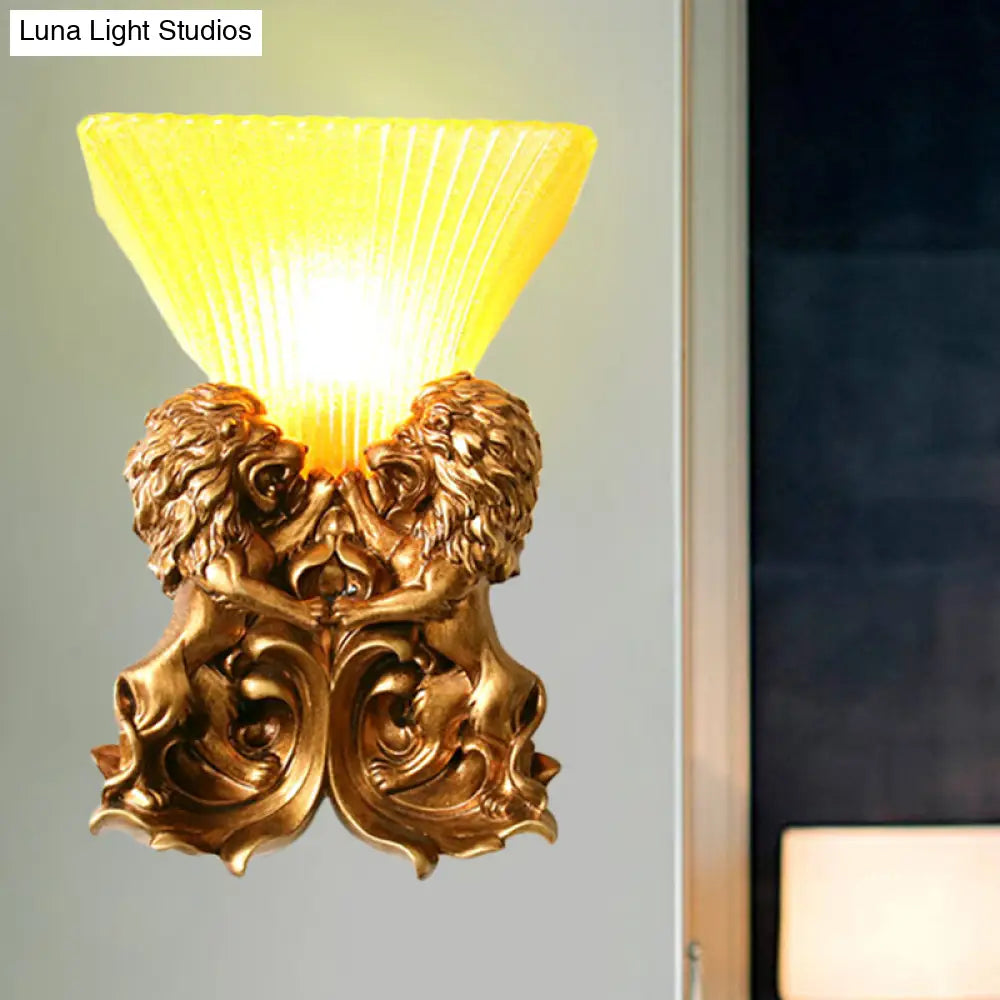 Vintage Flared Sconce Light With Yellow Ribbed Glass & Brass Finish Lion Detailing