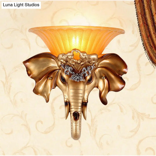 Vintage Flared Wall Mounted Glass Sconce Light With Gold Resin Elephant Base