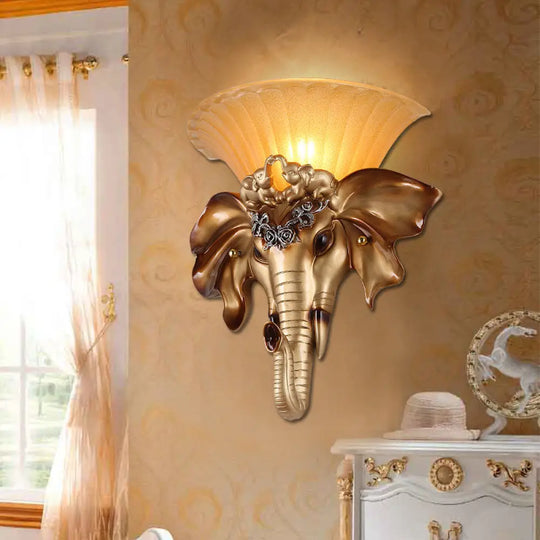 Vintage Flared Wall Mounted Glass Sconce Light With Gold Resin Elephant Base