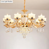 Vintage Floral Chandelier Pendant Light With Crystal - Cream Glass And Gold Finish