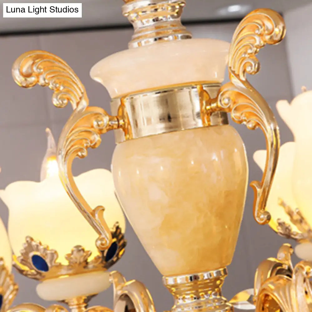 Vintage Floral Chandelier Pendant Light With Crystal - Cream Glass And Gold Finish