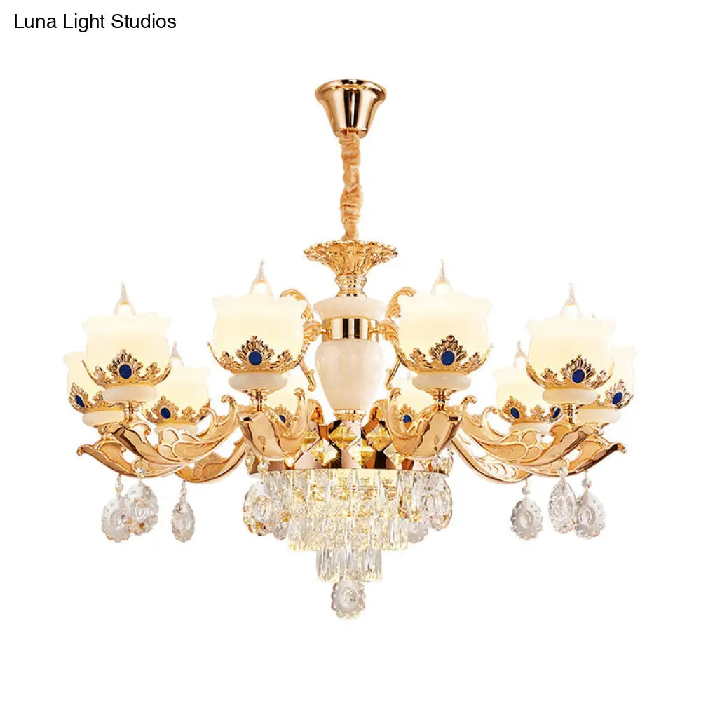 Vintage Floral Chandelier Pendant Light With Crystal - Cream Glass And Gold Finish