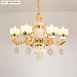 Vintage Floral Chandelier Pendant Light With Crystal - Cream Glass And Gold Finish