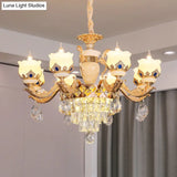 Vintage Floral Chandelier Pendant Light With Crystal - Cream Glass And Gold Finish