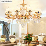 Vintage Floral Chandelier Pendant Light With Crystal - Cream Glass And Gold Finish