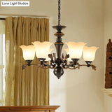 Vintage Floral Frosted Glass Chandelier - 6-Bulb Hanging Light Up Ceiling Suspension Black Finish