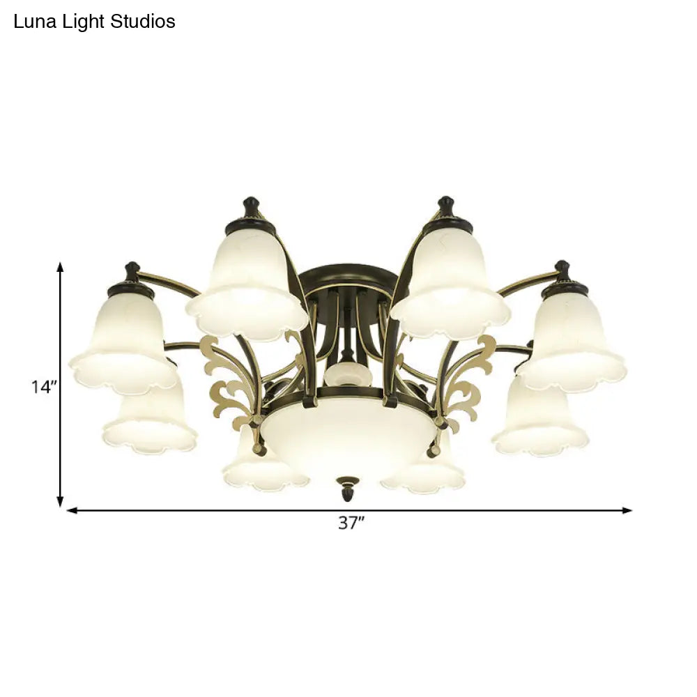 Vintage Floral White Glass Ceiling Lamp With 3/6/8 Lights For Dining Room - Semi Flush Mount In