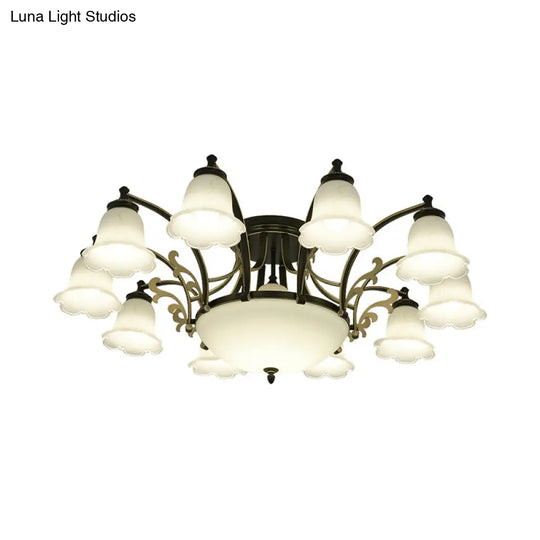 Vintage Floral White Glass Ceiling Lamp With 3/6/8 Lights For Dining Room - Semi Flush Mount In