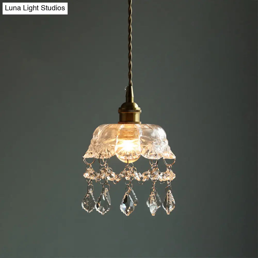 Vintage Flower Shaped Clear Glass Pendant Light With Teardrop Crystals Brass / Bowl Lighting