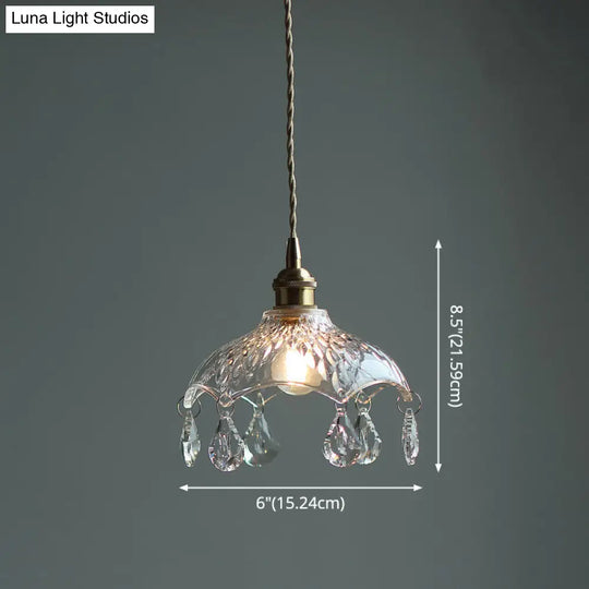 Vintage Flower Shaped Clear Glass Pendant Light With Teardrop Crystals Lighting