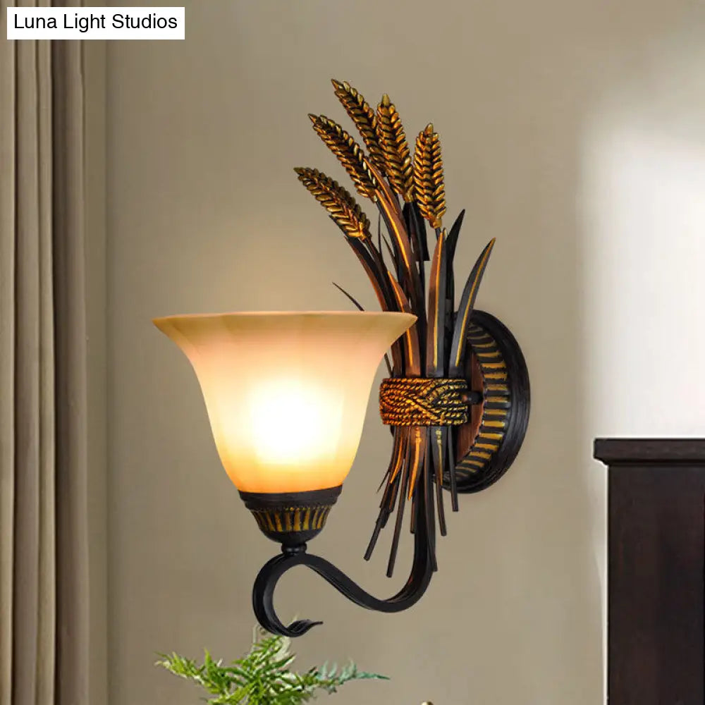 Vintage Frosted Glass Bell Wall Sconce Light - Black/Gold 1-Head Bedroom Lighting