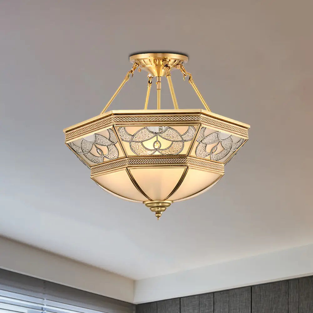 Vintage Frosted Glass Brass Bowl Semi Flush Mount - 4 Lights Living Room Lighting