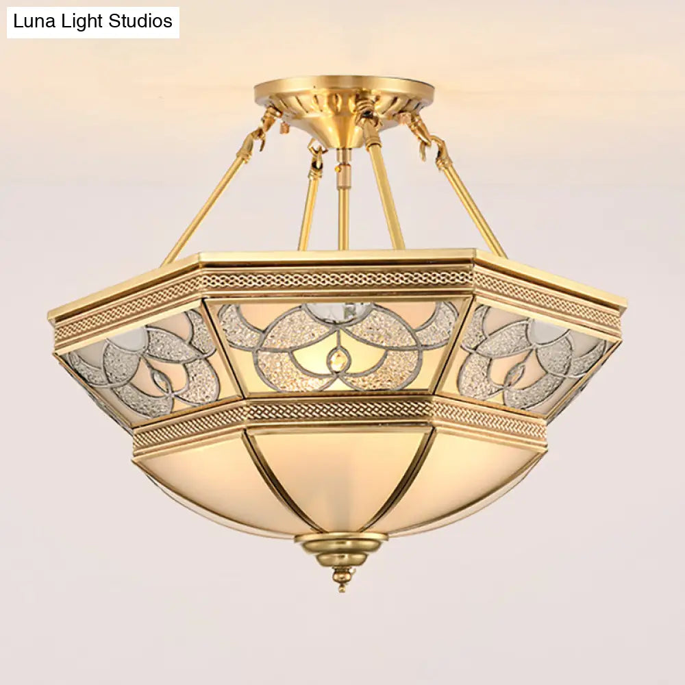 Vintage Frosted Glass Brass Bowl Semi Flush Mount - 4 Lights Living Room Lighting