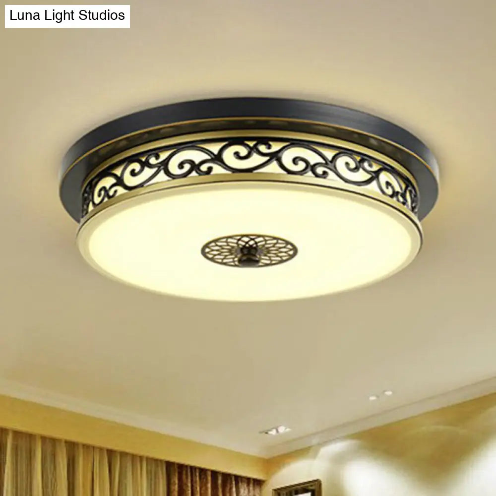 Vintage Frosted Glass Drum Led Ceiling Light - Flush Mount For Living Room